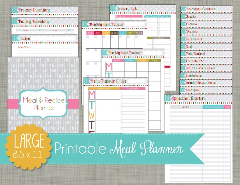 Meal & Recipe Planner Printable Set Sized Large 8.5 x 11 PDF Signature Design image 1