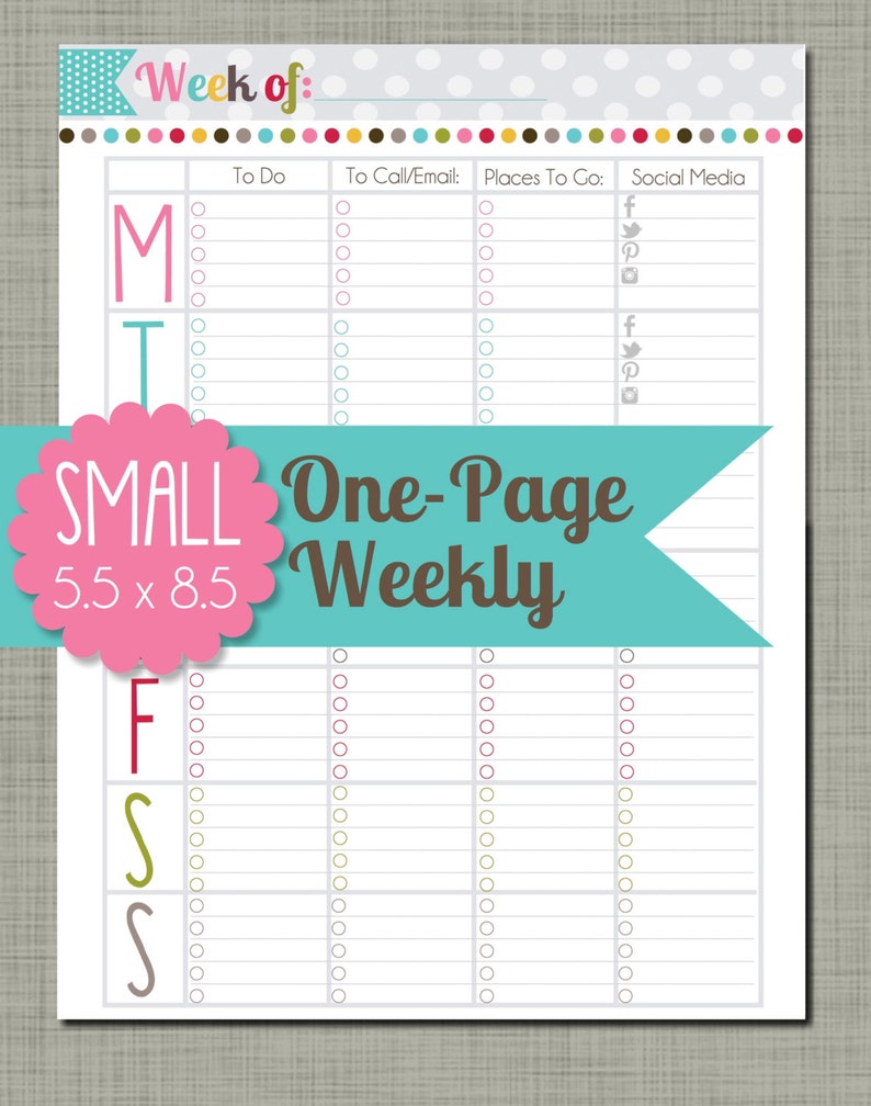 Small Printable One Page Weekly Sized 5.5 x 8.5 PDF | Etsy