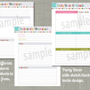 K&ouml;nnte beinhalten: Zwei druckbare Partyplanungsbl&auml;tter. Das erste Blatt ist mit "Brainstorm Worksheet" betitelt und enth&auml;lt Abschnitte f&uuml;r das Datum der Party, den Typ, das Thema, das Budget, Ideen und Inspiration sowie einen Skizzenbereich. Das zweite Blatt ist mit "Party Decor & Details" betitelt und enth&auml;lt Abschnitte f&uuml;r das Design der Einladung, Dekoration zum Selbermachen, Dekoration zum Kaufen und Website/Tutorial.