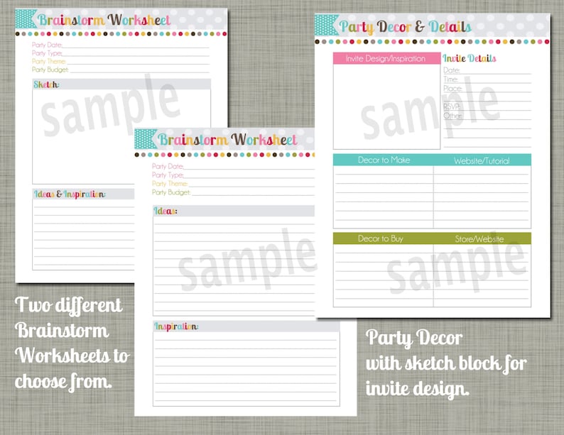 K&ouml;nnte beinhalten: Zwei druckbare Partyplanungsbl&auml;tter. Das erste Blatt ist mit "Brainstorm Worksheet" betitelt und enth&auml;lt Abschnitte f&uuml;r das Datum der Party, den Typ, das Thema, das Budget, Ideen und Inspiration sowie einen Skizzenbereich. Das zweite Blatt ist mit "Party Decor & Details" betitelt und enth&auml;lt Abschnitte f&uuml;r das Design der Einladung, Dekoration zum Selbermachen, Dekoration zum Kaufen und Website/Tutorial.