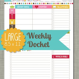 May include: A printable weekly planner with sections for dinner menu, exercise, calls/emails, and weekly goals. The planner is 8.5 inches by 11 inches and has a large, yellow circle with the words "LARGE 8.5 x 11" in brown text.