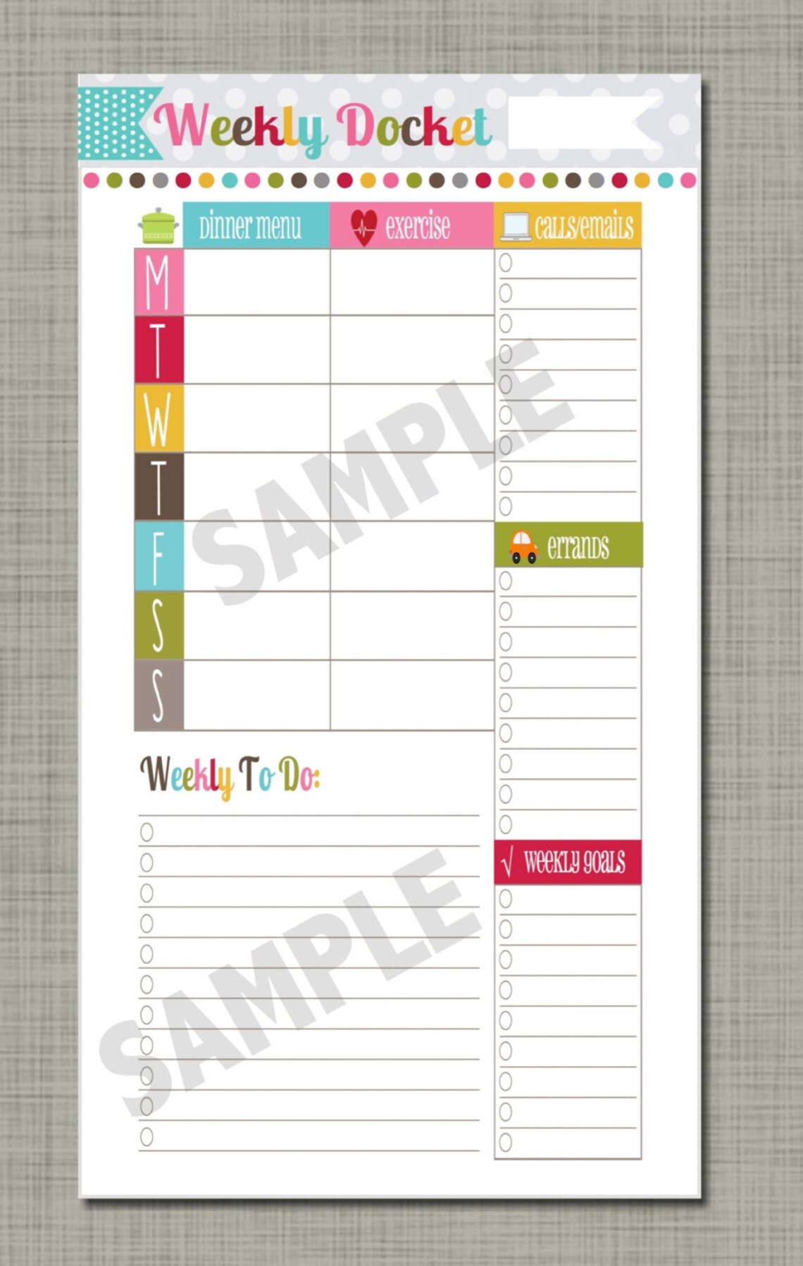 X-small {printable} Weekly Docket - Personal Sized 3.75 X 6.75