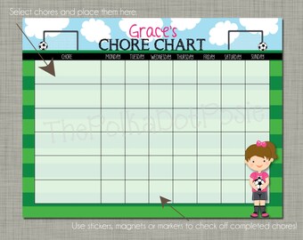Personalized Kids Chore Reward Chart {Printable} Sized 8.5 x 11 - Girl Soccer Design