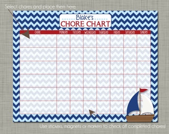 Personalized Kids Chore Reward Chart {Printable} Sized 8.5 x 11 - Nautical Sail Boat Design