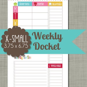 May include: A printable weekly planner with sections for dinner menu, exercise, calls/emails, weekly to do, and weekly goals. The planner is designed in a colorful, modern style with a turquoise, pink, yellow, and red color scheme.