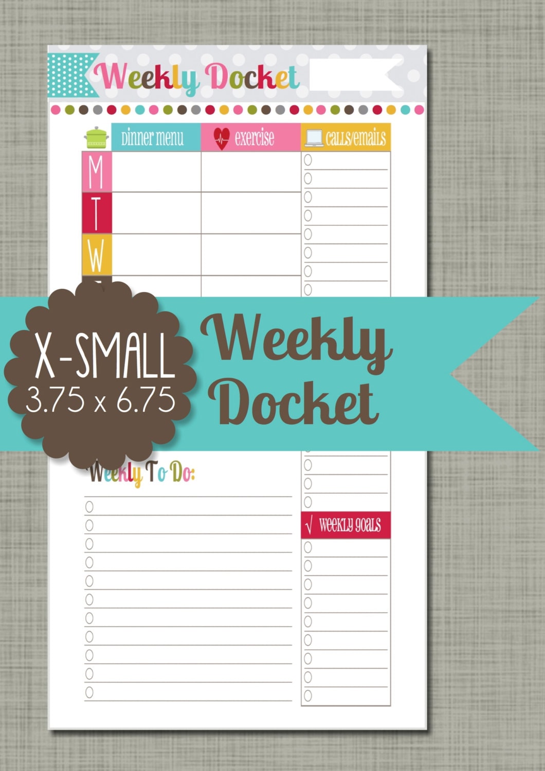 Simple Dockets X-small {printable} Weekly Docket - Personal Sized 3.75 X 6.75