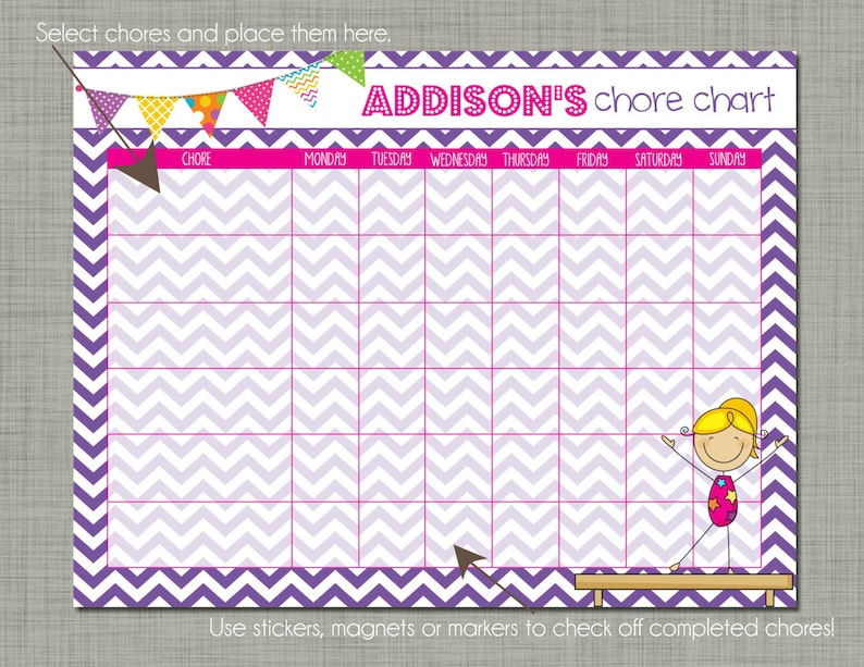 Personalized Kids Chore Reward Chart Printable Sized 8.5 x 11 Gymnast Chevron Design image 1