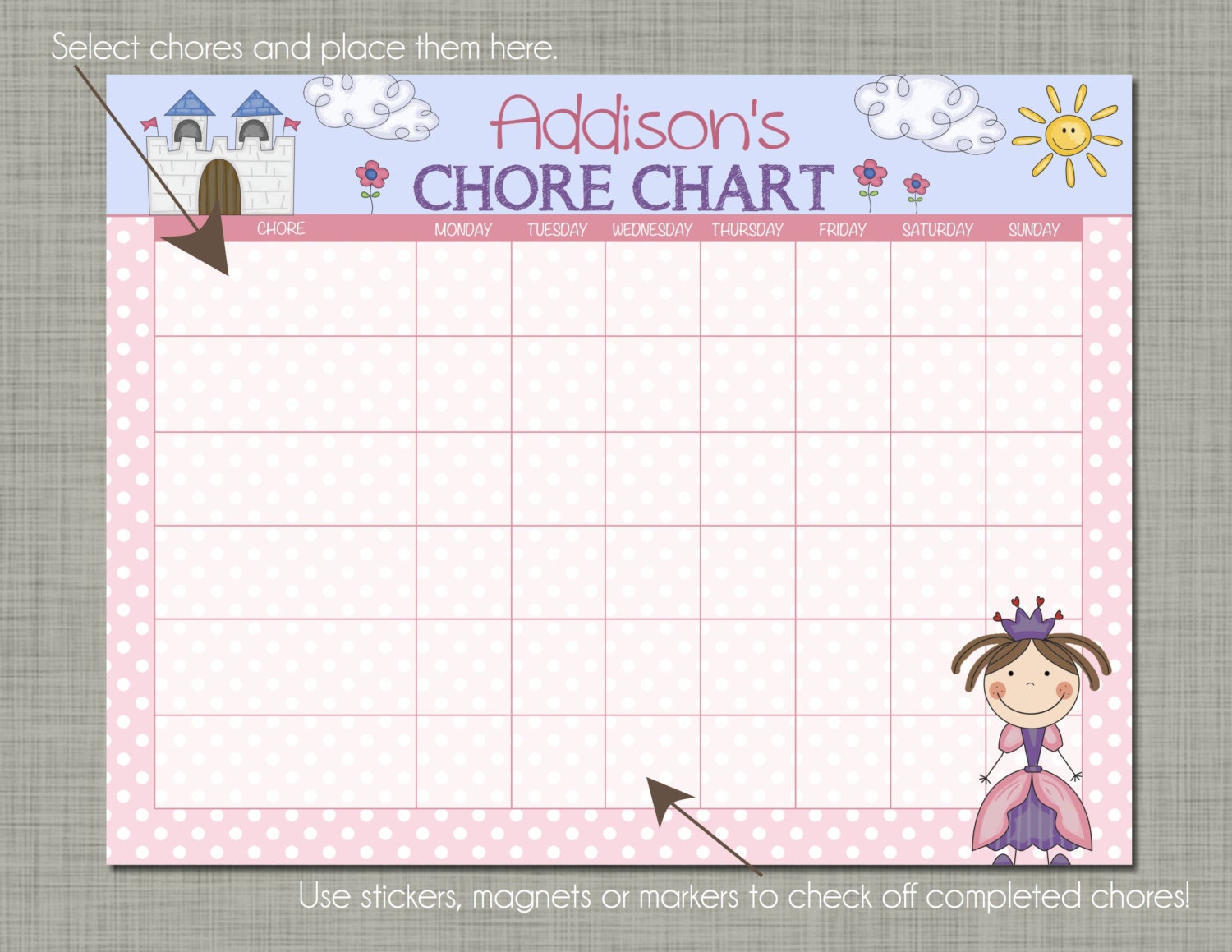 Personalized Kids Chore Reward Chart printable Sized 8.5 X 11 Princess ...