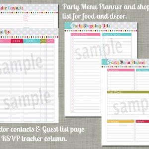 K&ouml;nnte beinhalten: Druckbarer Partyplaner mit Abschnitten f&uuml;r Anbieterkontakte, G&auml;steliste, Einkaufslisten und einen Men&uuml;planer. Der Planer hat ein Punkte-Muster und ist in den Farben Rosa, Blau, Gr&uuml;n und Gelb.