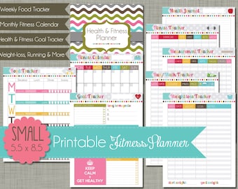 May include: Printable fitness planner with colorful pages and a variety of trackers, including a weekly food tracker, monthly fitness calendar, health and fitness goal tracker, fitness calendar, goal tracker, measurement tracker, run/walk tracker, and weight loss tracker. The planner is 5.5 x 8.5 inches.