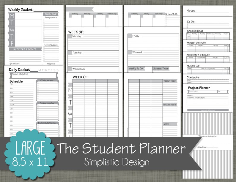 Student Planner Printable Set Sized Large 8.5 x 11 PDF Simplistic Desgn Undated image 1