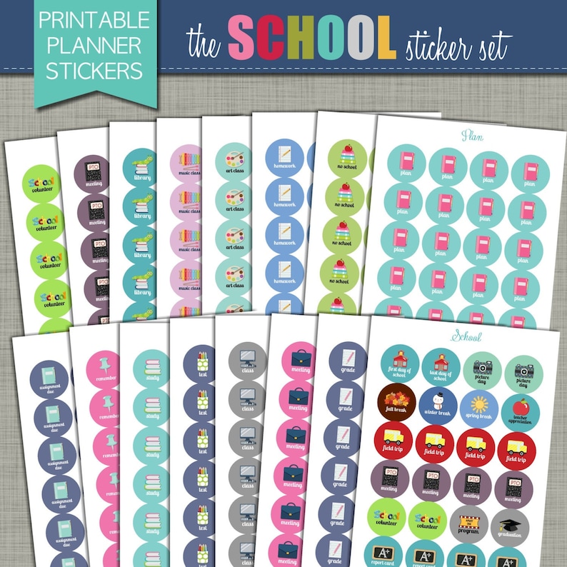 May include: A collection of printable planner stickers with school-themed designs. The stickers feature colorful illustrations of school supplies, activities, and text such as "homework," "art class," and "meeting." The text "the SCHOOL sticker set" is also visible.