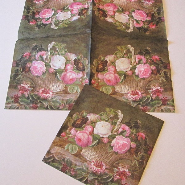 1 pkg 20 pcs new German Victorian beautiful basket  pink white roses flowers paper napkins party decoupage collage card making lot mip nrfp