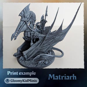 May include: A gray 3D printed miniature of a creature with wings, riding a winged beast. The creature is holding a spear and has a helmet on. The miniature is on a circular base.