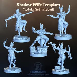 May include: Five light blue miniature figurines titled Shadow Wife Templars Modular Set + Prebuilt. Each figure stands on a circular base, wearing ornate armor and holding various weapons like spears and blades. Text includes GloomyKidMinis.