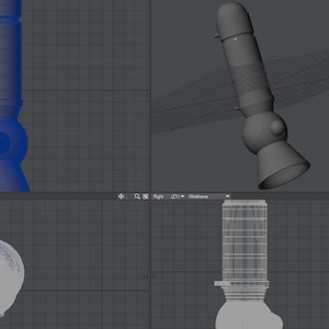 May include: A 3D model of a rocket ship in a wireframe view. The model is in a gray color and is shown in different angles.
