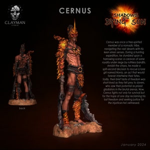 May include: A hand-painted miniature figurine of a warrior with fiery orange and red details. The figurine is posed in a dynamic stance, holding a sword and shield. The figurine is set against a dark background with the text "Cernus" and "Shadows of the Dying Sun" visible.