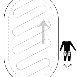 May include: A diagram showing the placement of knee pads on a pair of pants. The diagram shows a pair of pants with four oval-shaped knee pads. The knee pads are placed on the front of the pants, with the top two knee pads being placed higher than the bottom two knee pads. An arrow points upwards, indicating the direction of the knee pads.
