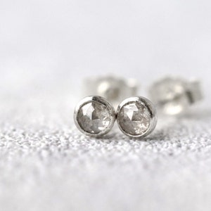 Grey Diamond Stud Earrings, April Birthstone, Rose Cut Grey Diamond, Real Diamond Earrings, Genuine Silver Diamond, Tiny 3mm Diamond Studs