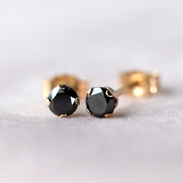 Black Diamond Stud Earrings 14k Solid Gold, SINGLE or PAIR, April Birthstone, Genuine Black Diamond Ear Studs, Tiny Conflict-free Diamond