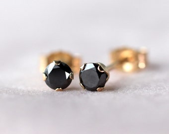 Black Diamond Stud Earrings 14k Solid Gold, SINGLE or PAIR, April Birthstone, Genuine Black Diamond Ear Studs, Tiny Conflict-free Diamond