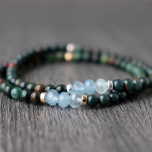 Bloodstone Bracelet, March Birthstone Gift, Dainty Bloodstone & Aquamarine, Yoga Gift, Stacking Gemstone Bracelet, Protection Stone Bracelet