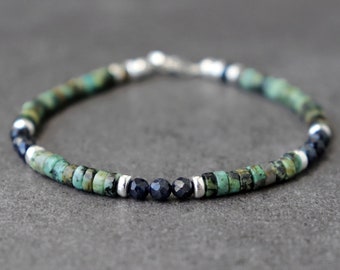 Sapphire and African Turquoise Bracelet, September Birthstone Gift, Unisex Boho Stacking Bracelet, Men's Green Blue Gemstone Bracelet
