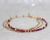 Ruby Bracelet, July Birthstone, Dainty Multi Strand Red Ruby Bracelet, Minimal Layered Multi Chain Bracelet, Ruby Anniversary Bracelet