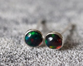 Black Opal Stud Earrings, AAA grade Black Ethiopian Opal Ear Studs, October Birthstone, Rare Genuine Natural Black Welo Opal Jewellery