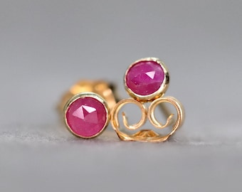 Ruby Stud Earrings, Tiny 3mm Gold Ruby Stud, July Birthstone, Undyed Red Ruby Earrings, Stone of Love and Passion, Anniversary Gift