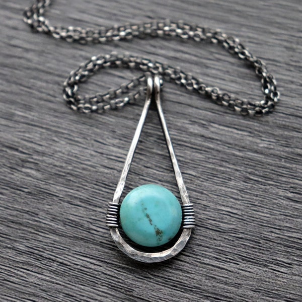 Turquoise Teardrop Pendant Necklace, December Birthstone Gift, Sterling Silver Hammered Teardrop Pendant, Genuine Turquoise Jewellery
