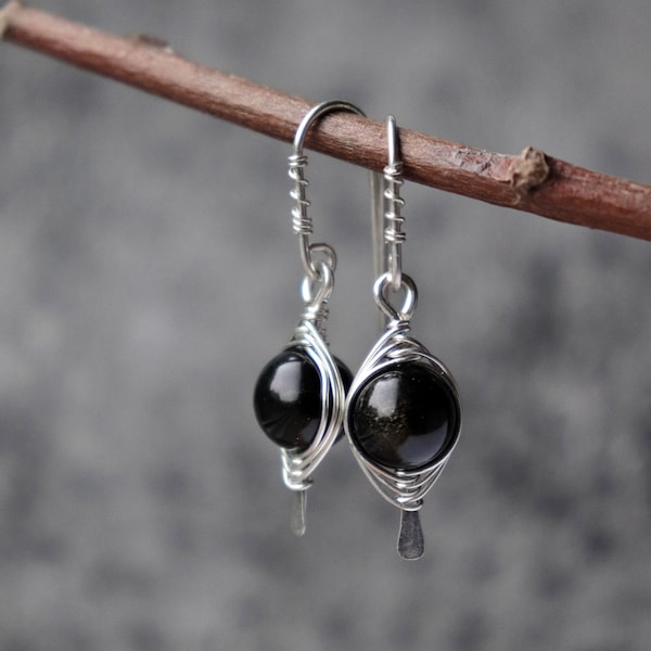 Black Obsidian Sterling Silver Earrings, Dangle Wire Wrapped Black Gemstone Earrings, Gift for Her, Base Chakra Stone, Obsidian Jewelry