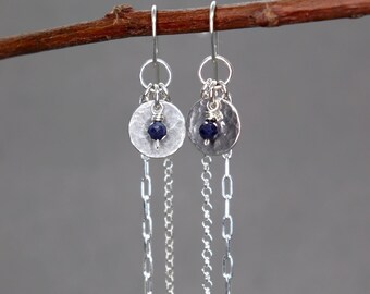 Blue Sapphire Boho Style Earrings, Hammered Coin and Chain Earrings, September Birthstone, Precious Stone Layered Multi Chain Dangle