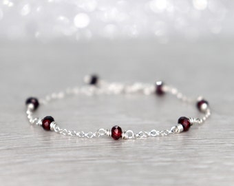 Red Garnet Chain Bracelet, January Birthstone Gift, Dainty Sterling Silver Bracelet, Minimalist Red Gemstone Bracelet, Gift for Her