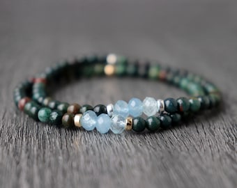 Bloodstone Bracelet, March Birthstone Gift, Dainty Bloodstone & Aquamarine, Yoga Gift, Stacking Gemstone Bracelet, Protection Stone Bracelet