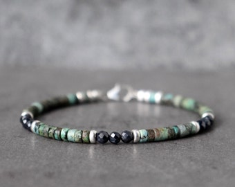 Sapphire and African Turquoise Bracelet, September Birthstone Gift, Unisex Boho Stacking Bracelet, Men&#39;s Green Blue Gemstone Bracelet