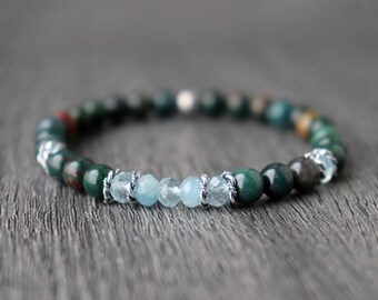 Bloodstone Aquamarine Bracelet: March Birthstone Gemstone Stacking Bracelet