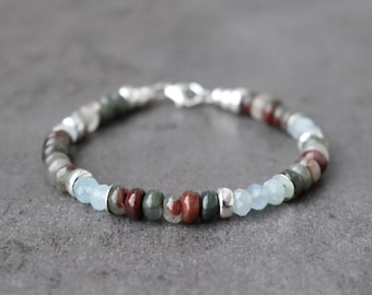 Bloodstone and Aquamarine Bracelet, March Birthstone Gift, Boho
