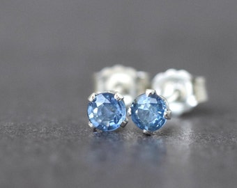 Cornflower Sapphire Stud Earrings, Sterling Silver Light Blue Sapphire Ear Studs, September Birthstone Gift, Precious Stone Earrings