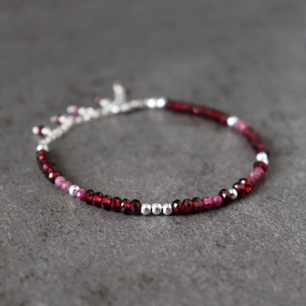Garnet and Ruby Bracelet, Gift for Love and Passion, January July Birthstone, Sterling Silver Red Pink Precious Stone Stacking Bracelet