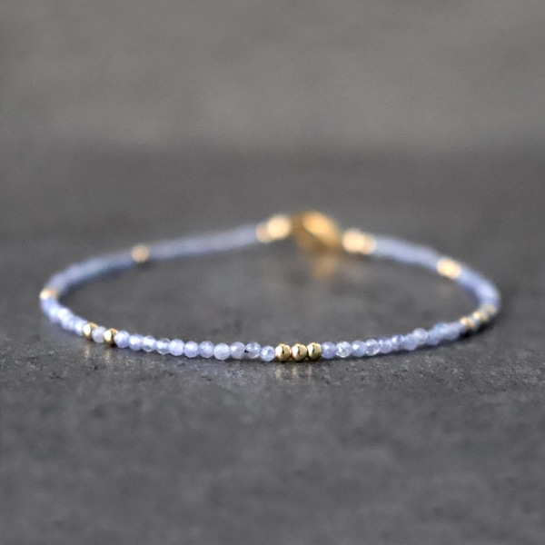 Skinny Genuine Tanzanite Bracelet, 9k Solid Gold Bracelet, Tiny Gemstone Bracelet, Minimalist Stacking Bracelet, December Birthstone Gift