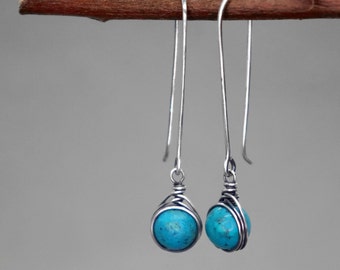 Turquoise Earrings, December Birthstone, Sterling Silver Long Earrings, Gemstone Earrings, Boho Style, Gift for Her, Throat Chakra Stone