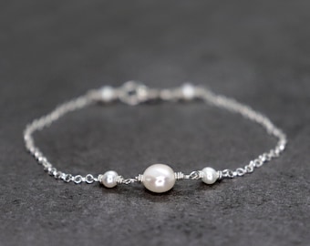 Bracelet en argent sterling avec perles d'eau douce, perle blanc ivoire de qualité A, minimaliste délicat, pierre de naissance de juin, bijoux de mariage, cadeau pour elle