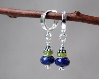 Lapis Lazuli and Peridot Drop Hoop Earrings, September Birthstone Gift, Boho Style Huggie Hoops, Sterling Silver Leverback Earrings