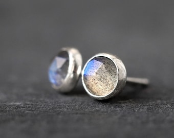 Labradorite Stud Earrings, Rose Cut Grey Blue Labradorite Ear Studs, Iridescent Everyday Earrings, Stone for Protection, Gift for a Friend
