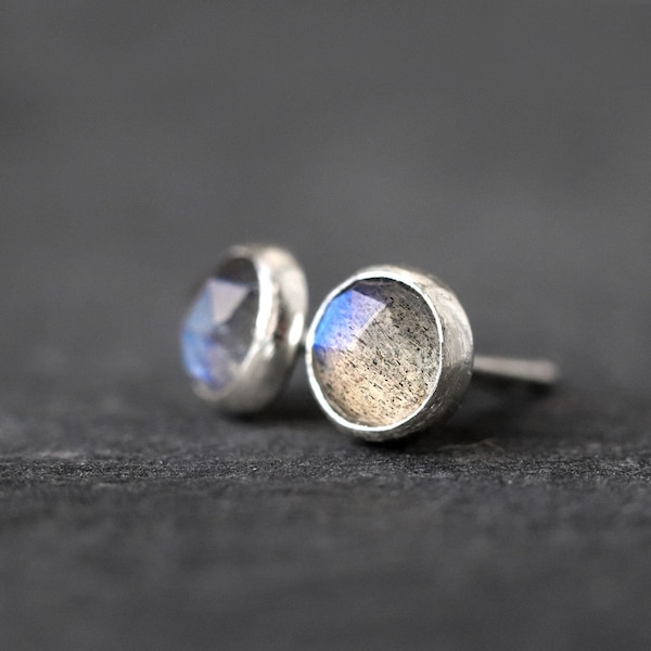 Labradorite Stud Earrings, Rose Cut Grey Blue Labradorite Ear Studs, Iridescent Everyday Earrings, Stone for Protection, Gift for a Friend