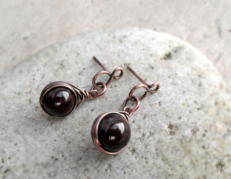 Garnet Stud Earrings Wire Wrapped Dangle Stud Earrings Red Gemstone Stud Earrings,Dainty Gift for Her January Birthstone Base Chakra