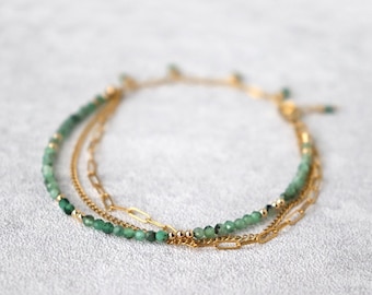 Emerald Bracelet, May Birthstone, Dainty Multi Strand Shaded Green Bracelet, Minimal Layered Chain Bracelet, Emerald Anniversary Bracelet