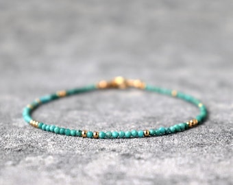 Skinny Genuine Turquoise Bracelet, 9k Solid Gold Bracelet, Tiny Gemstone Bracelet, Minimalist Stacking Bracelet, December Birthstone Gift