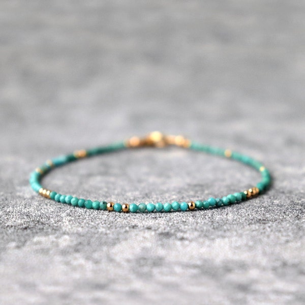 Skinny Genuine Turquoise Bracelet, 9k Solid Gold Bracelet, Tiny Gemstone Bracelet, Minimalist Stacking Bracelet, December Birthstone Gift